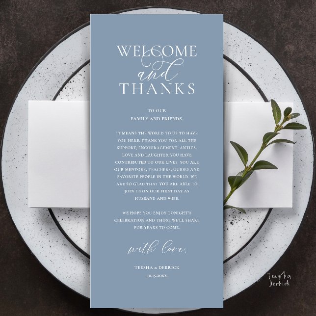 Carte de remerciement de réception de mariage mode (Modern Classy Wedding Reception Dinner Lunch Brunch Thank You Card in Dusty Blue)