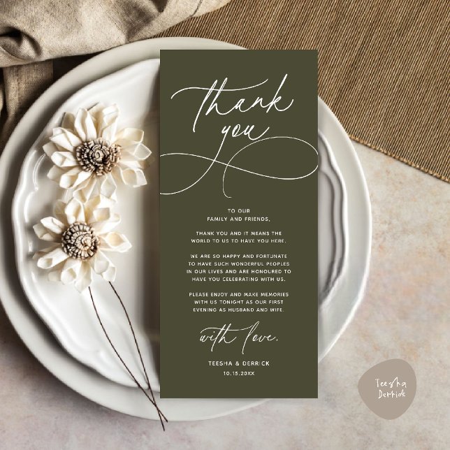 Carte de remerciement de réception de mariage mode (Romantic Modern Wedding Reception Dinner Thank You Card in olive green)