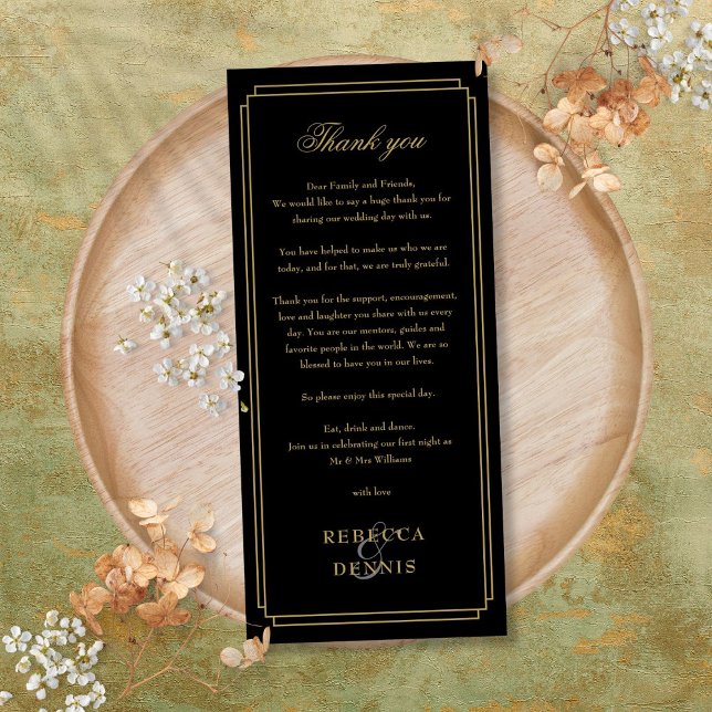 Carte de Remerciement de Réception Noir et Or (Black And Gold Reception Thank You Place Card)