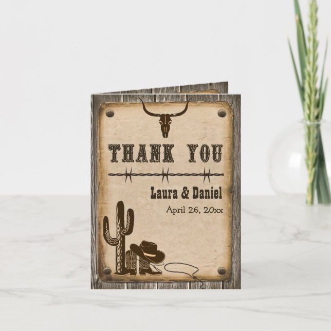 Carte de remerciement de style western en bois rus (Devant)