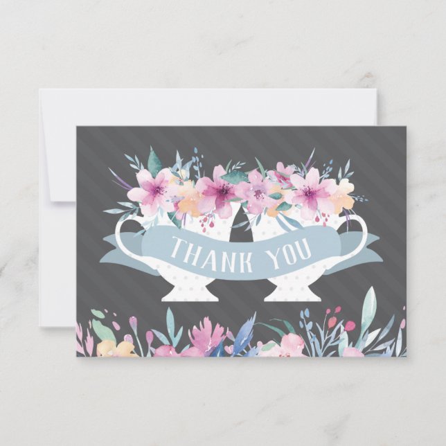 Carte de remerciement de tasse de thé avec des fle (Devant)