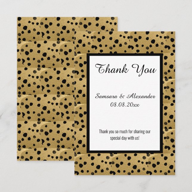 CARTE DE REMERCIEMENT DESIGN LÉOPARD NOIR OR (Devant / Derrière)