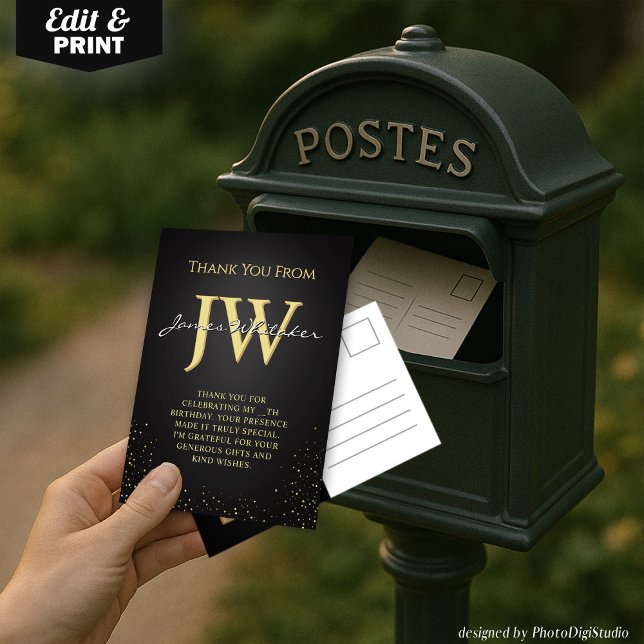 Carte de remerciement élégante noir et or avec ini (Custom Initials Elegant Black Gold Thank You Card)