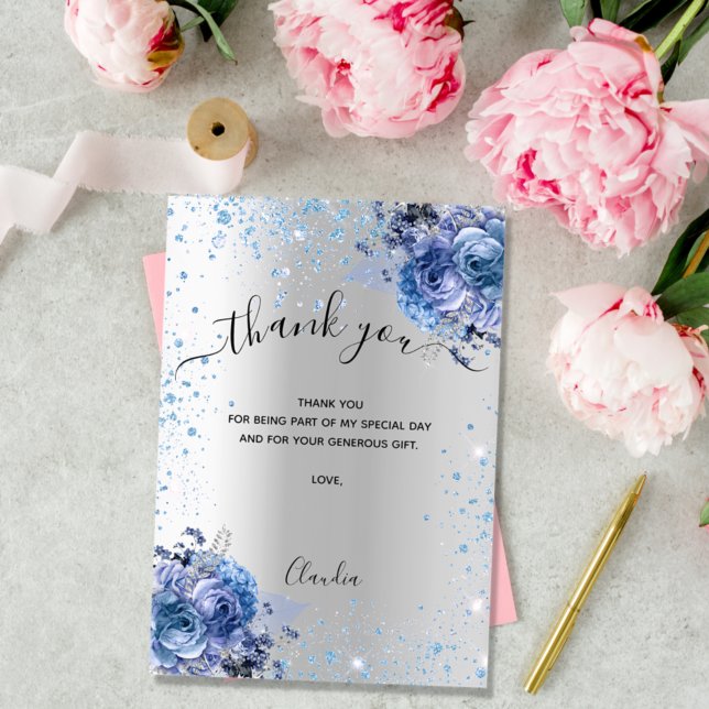 Carte de remerciement en paillettes florales bleu  (Créateur téléchargé)