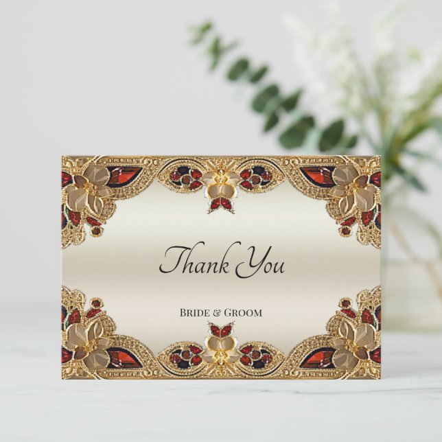 Carte de remerciement Fleur dorée Gemme rouge (Debout devant)