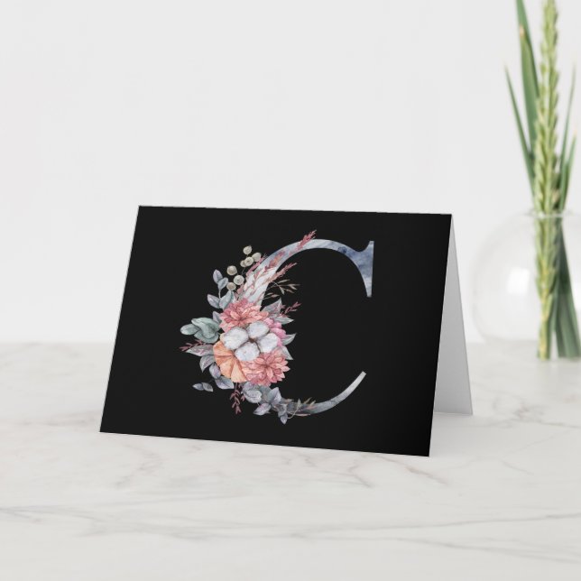 Carte de remerciement florale bleue Monogramme C (Devant)