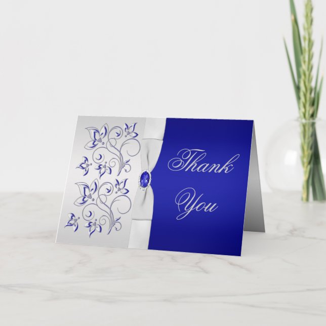 Carte de remerciement florale bleue royale et arge (Devant)