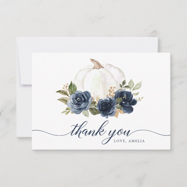 Carte de remerciement Florale Citrouille Bleu Mari (Devant)