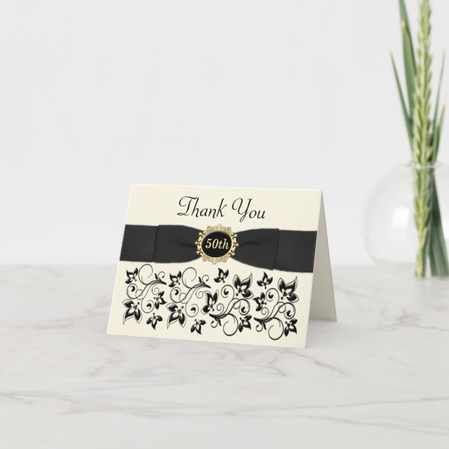 Carte de remerciement florale ivoire noir pour 50e (Devant)