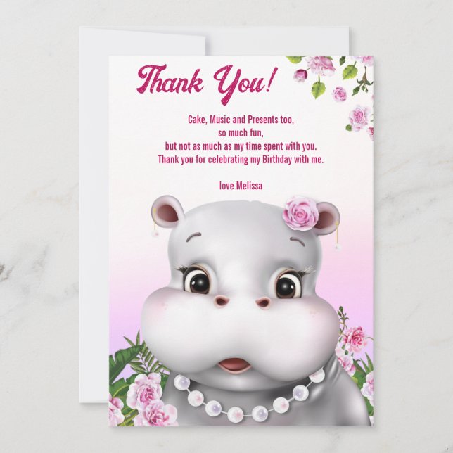 Carte de remerciement florale rose hippopotame (Devant)