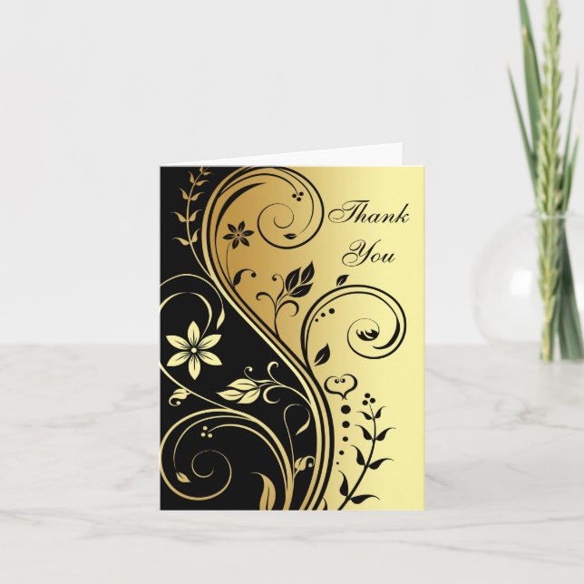 Carte de remerciement Gold & Black Floral Scroll (Devant)