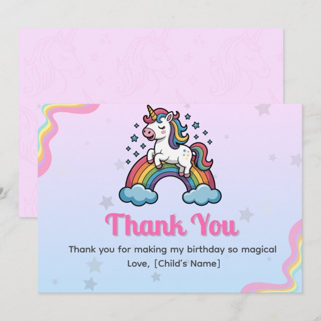 Carte de remerciement Licorne Magique         (Devant / Derrière)