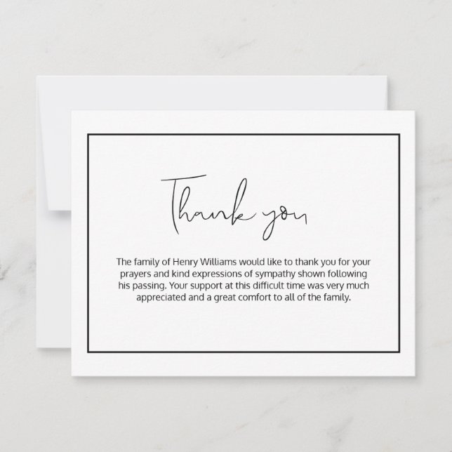 Carte de remerciement manuscrite simple pour funér (Devant)