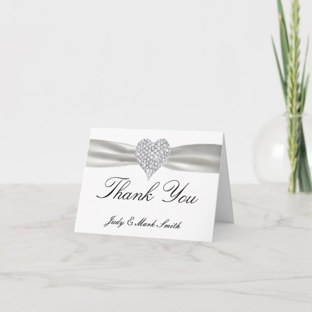 Carte de Remerciement Mariage Blanc Cœur de Diaman (Devant)