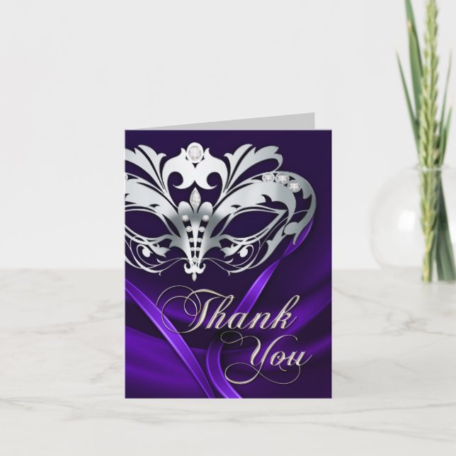 Carte de remerciement Mascarade Argent Violet (Devant)