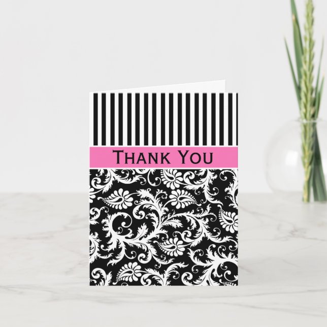 Carte de remerciement Noir, Blanc, Rose Damask Mer (Devant)