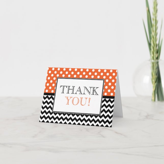 Carte de remerciement orange à pois et chevron (Devant)