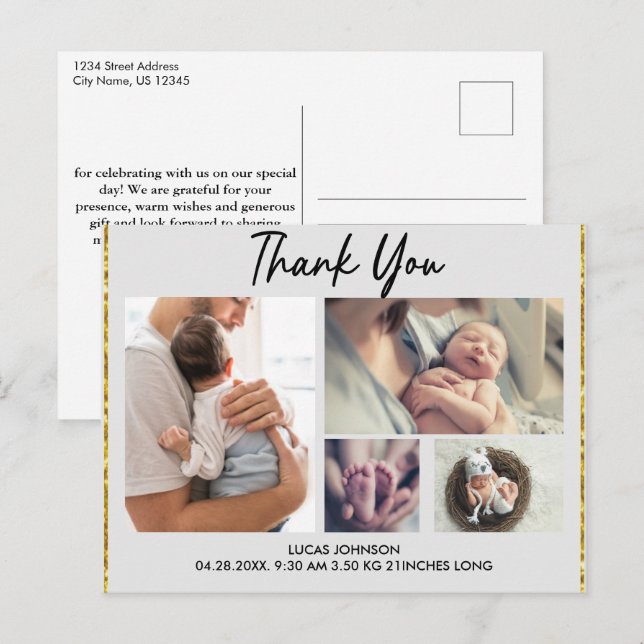Carte de remerciement personnalisée pour bébé avec (Devant / Derrière)
