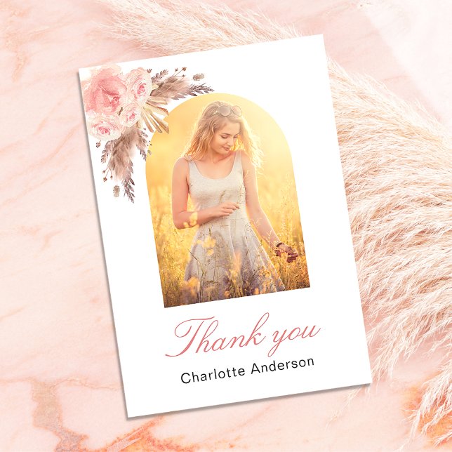 Carte de remerciement photo avec fleurs rose poudr (Créateur téléchargé)