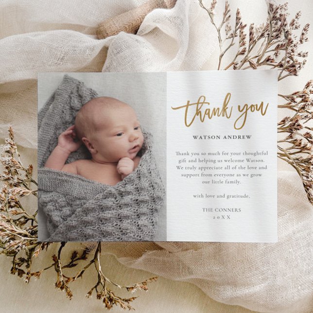 Carte de remerciement photo bébé budget (Elegant Gold Thank You Script Baby Photo Thank You Card.)