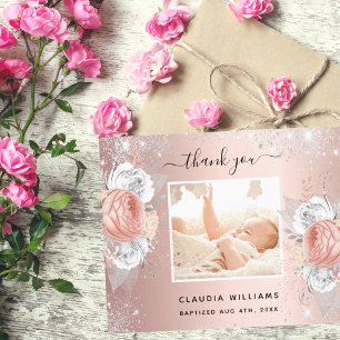Carte de remerciement photo de baptême rose gold f
