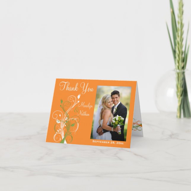 Carte de remerciement photo florale orange vert bl (Devant)