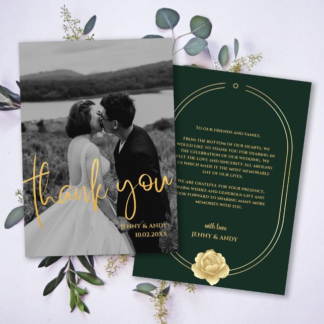 Carte de remerciement photo moderne en écriture or (Emerald Gold Script Modern Photo Thank You Card)