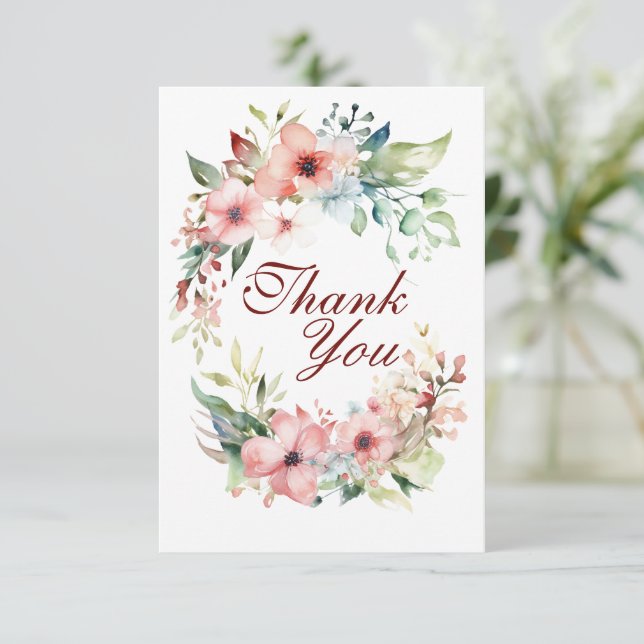 Carte de remerciement plate à motif floral rose (Debout devant)
