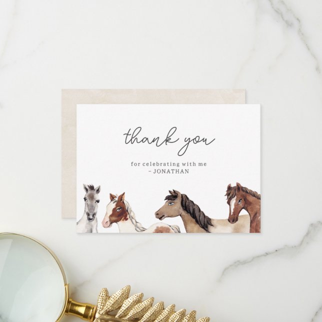 Carte de remerciement pour anniversaire de cheval (Devant/Arrière en situation)