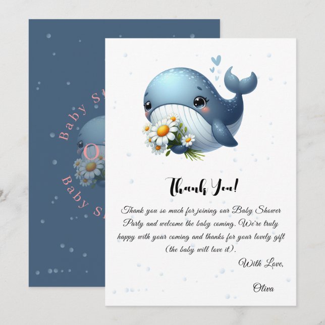 Carte de remerciement pour Baby Shower Baleine Mig (Devant / Derrière)