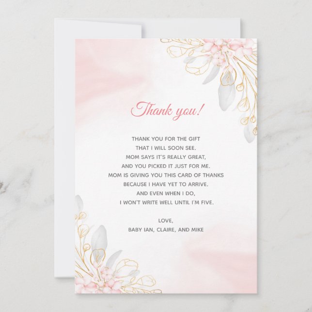 Carte de remerciement pour Baby Shower Fleurie Ros (Devant)