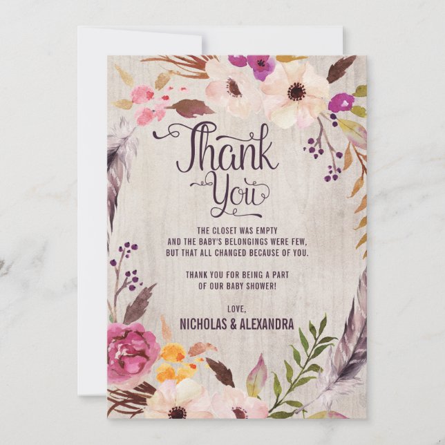 Carte de remerciement pour Baby Shower Floral Boho (Devant)