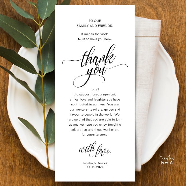 Carte de Remerciement pour le Plan de Table de Réc (Modern Script Wedding Guest Dinner Reception Brunch Lunch Thank You Card in Black and White)