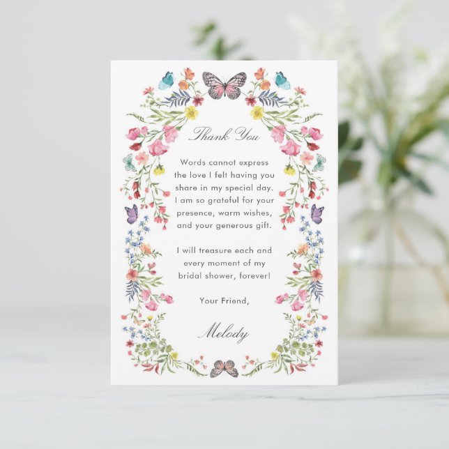 Carte de remerciement pour mariage papillon fleur  (Debout devant)