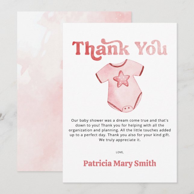 Carte de remerciement pour vêtements de bébé rose  (Devant / Derrière)
