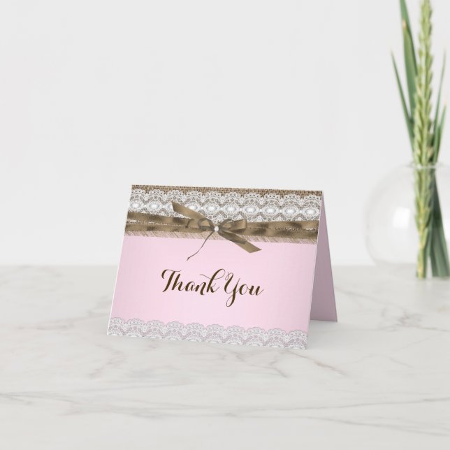 Carte de remerciement Pretty Pink Lace & Burlap (Devant)