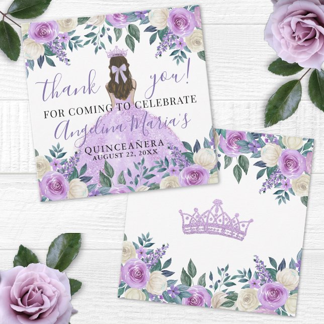 Carte de remerciement Quinceanera à fleurs violett (Purple Floral Quinceanera Thank You Card )