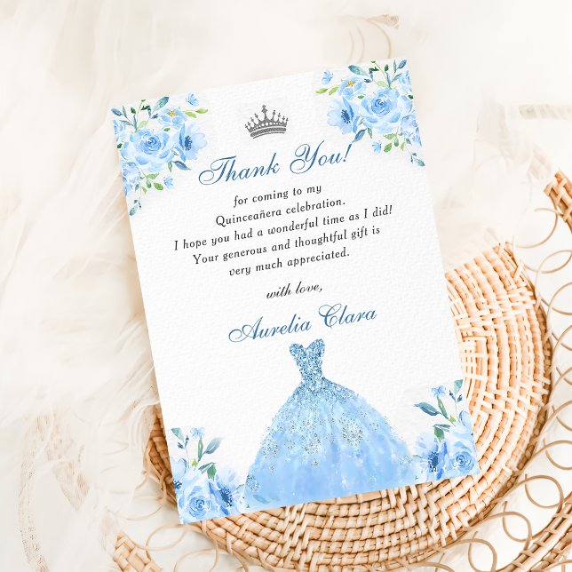 Carte de remerciement robe florale argentée bleue  (Créateur téléchargé)