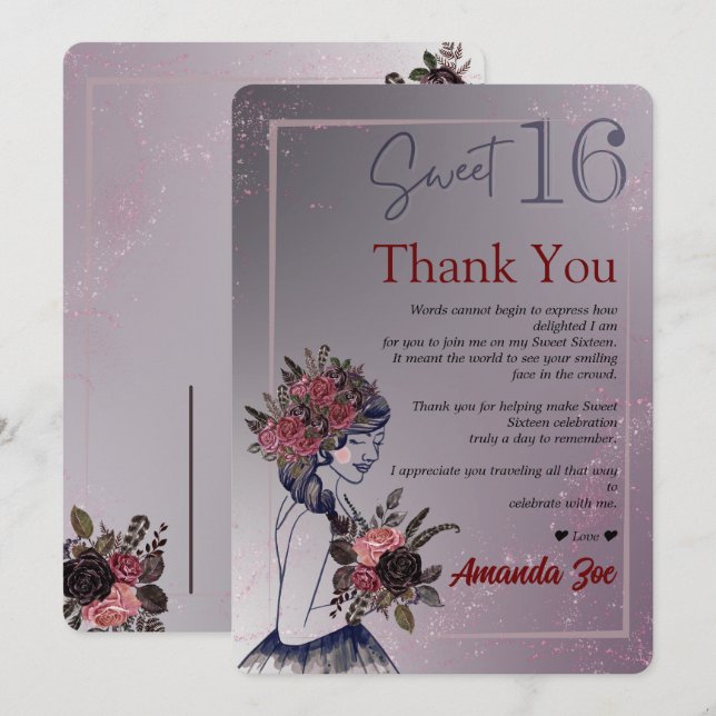 Carte de remerciement Sweet Sixteen (Devant / Derrière)