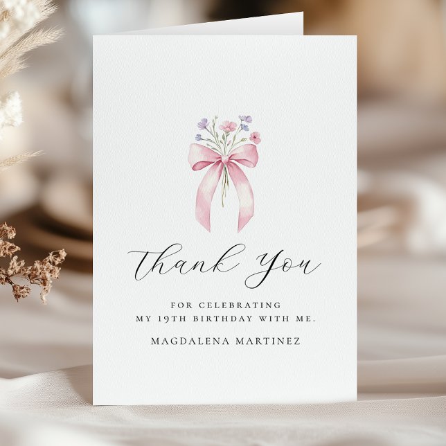 Carte De Remerciements 19e anniversaire Pink Bow Fleur sauvage plié (Créateur téléchargé)