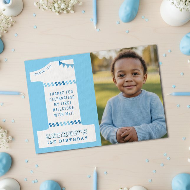 Carte De Remerciements 1ère fête d'anniversaire garçons Blue One Photo (1st Birthday Party Boys Blue One Photo Thank You Card
)