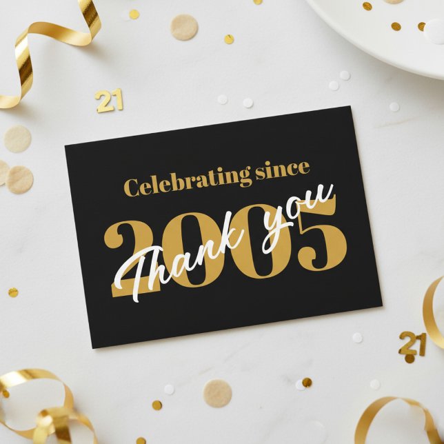 Carte De Remerciements 21st Birthday 2005 Retro Black And Gold (Black and gold 21st birthday thank you card with "Celebrating since 2005 Thank You" text.)