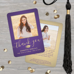 Carte De Remerciements 2 Photo Nouvelle Adresse Purple Gold Script Gradua