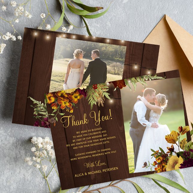 Carte De Remerciements 2 photos rustique automne grange à fleurs mariage  (Créateur téléchargé)