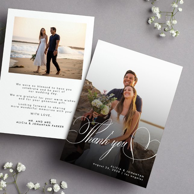 Carte De Remerciements 2 script de calligraphie photo mariage simple (Créateur téléchargé)