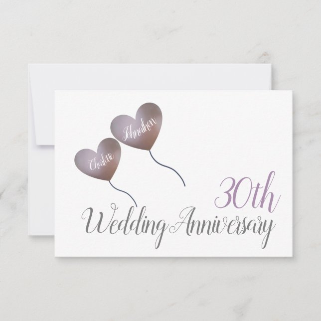 Carte De Remerciements 30e mariage Pearl anniversaire coeur pourpre (Devant)