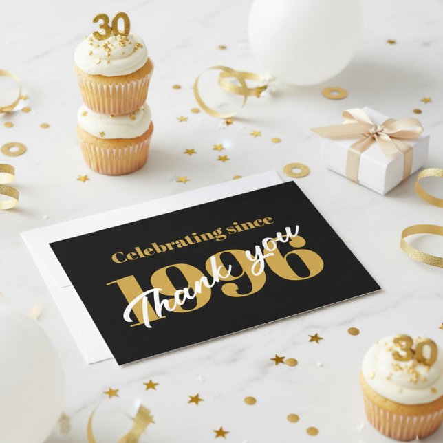 Carte De Remerciements 30th Birthday 1996 Retro Black And Gold (Extreme close-up of a black and gold 30th birthday thank you card on a white marble surface.)