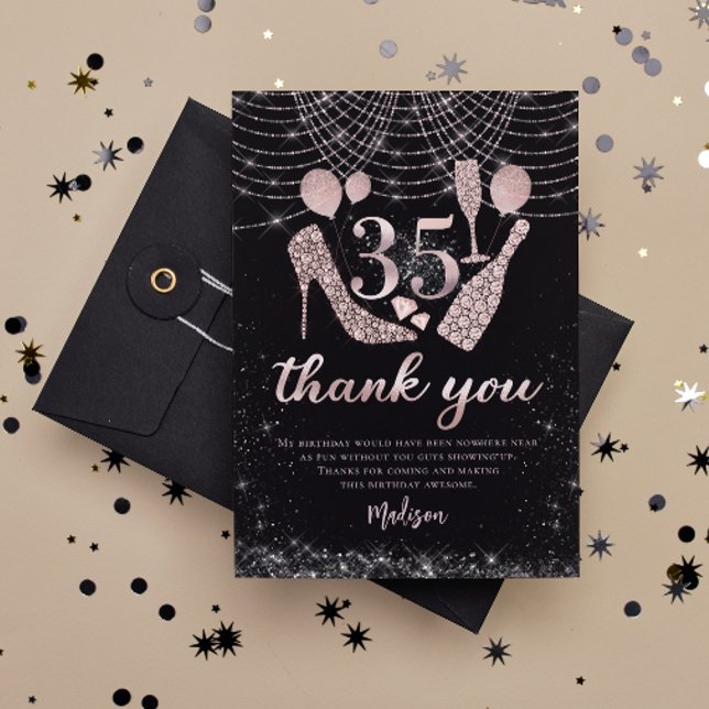 Carte De Remerciements 35th Birthday Rose Gold & Black Glitter (Créateur téléchargé)