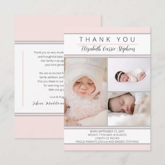 Carte De Remerciements 3 Baby shower blanc rose photo |Faire-part de nais (Devant / Derrière)