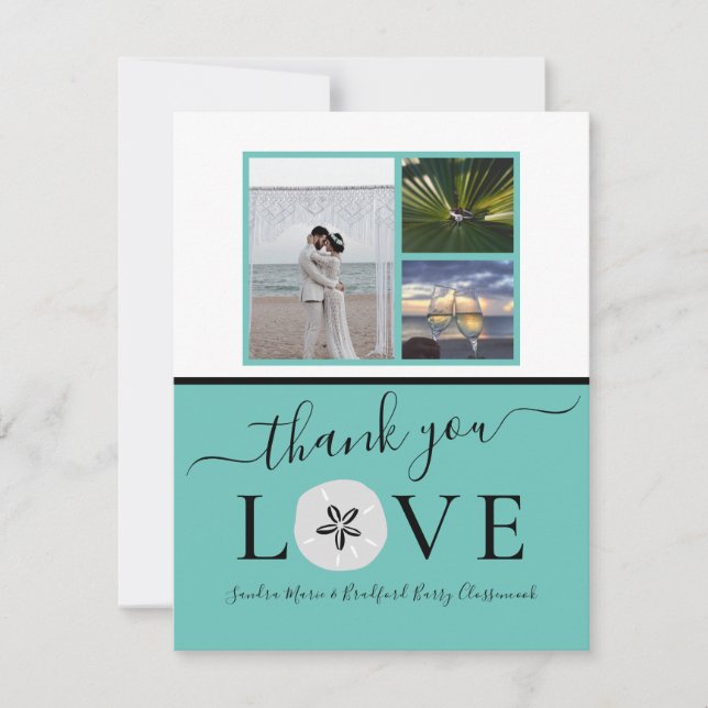 Carte De Remerciements 3 Collage photo Sanddollar Turquoise Black Mariage (Devant)